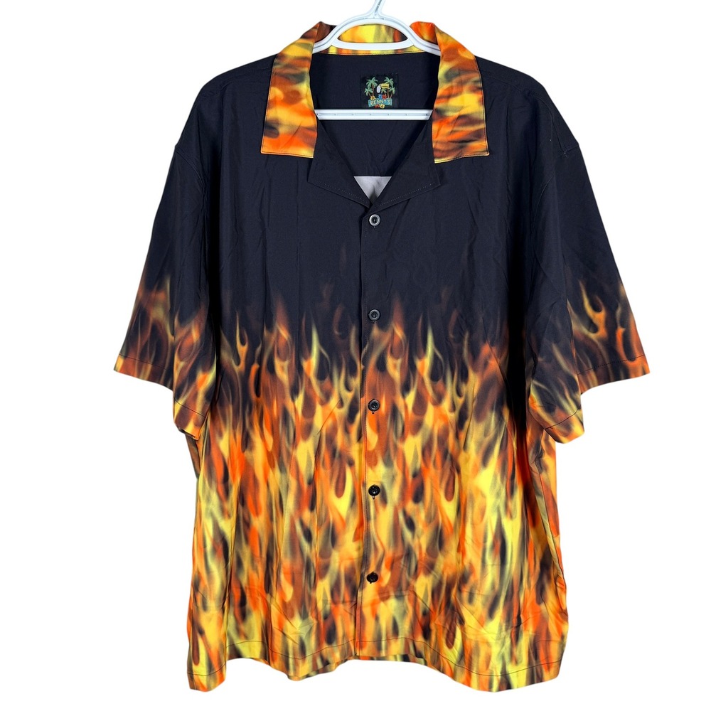 Vintage Y2K Benny's Flame Print Camp Shirt Bowling Mens XL Black‎ Short Sleeve